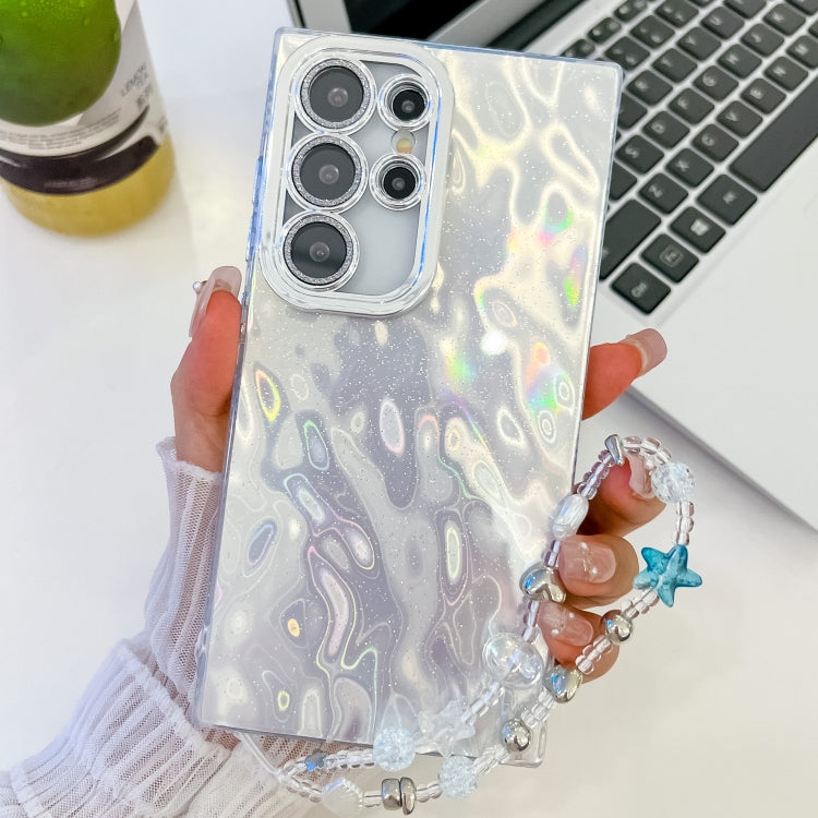For Samsung Galaxy S25 Ultra 5G Plating Glitter Texture Chain Wristband TPU Phone Case with Lens Film(White Wrinkles) by buy2fix