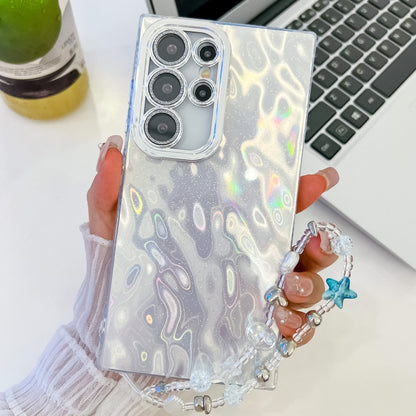 For Samsung Galaxy S25 Ultra 5G Plating Glitter Texture Chain Wristband TPU Phone Case with Lens Film(White Wrinkles) by buy2fix