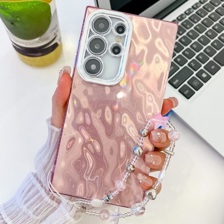 For Samsung Galaxy S25 Ultra 5G Plating Glitter Texture Chain Wristband TPU Phone Case with Lens Film(Pink Wrinkles) by buy2fix