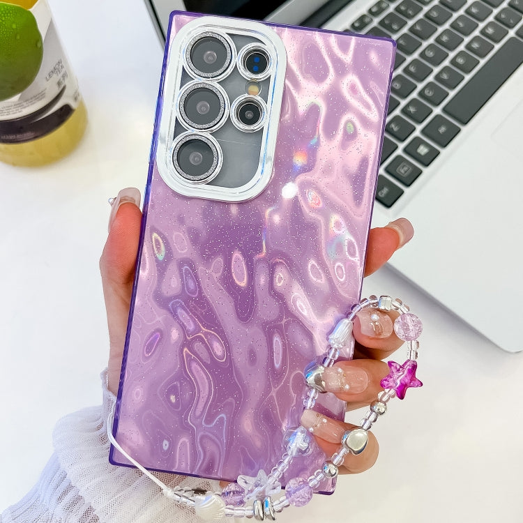 For Samsung Galaxy S25 Ultra 5G Plating Glitter Texture Chain Wristband TPU Phone Case with Lens Film(Purple Wrinkles) by buy2fix