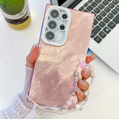For Samsung Galaxy S25 Ultra 5G Plating Glitter Texture Chain Wristband TPU Phone Case with Lens Film(Pink Tinfoil Texture) by buy2fix