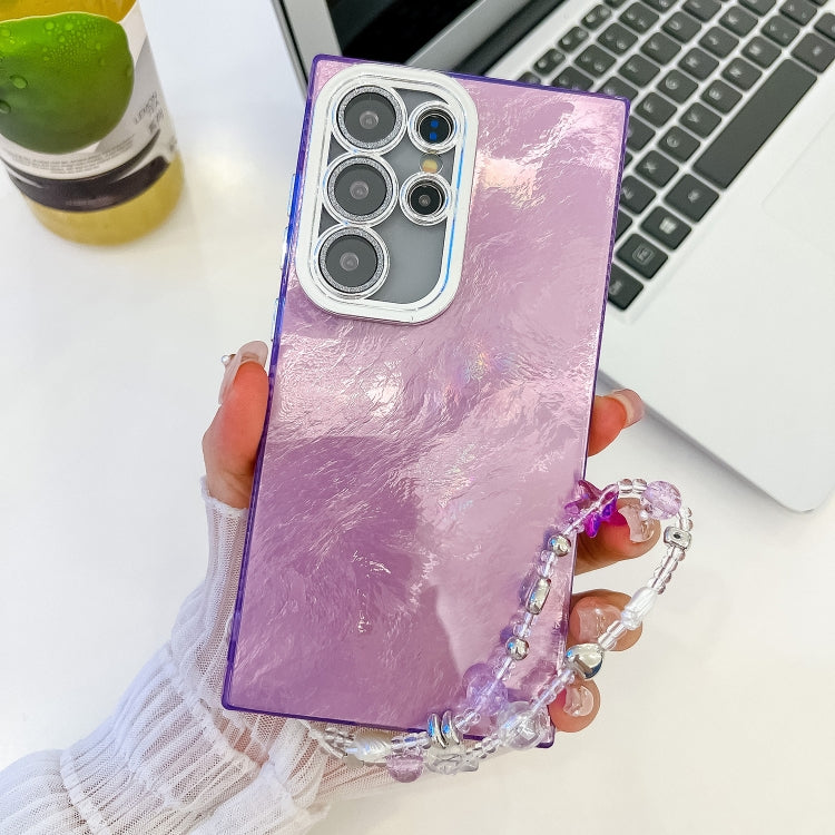 For Samsung Galaxy S25 Ultra 5G Plating Glitter Texture Chain Wristband TPU Phone Case with Lens Film(Purple Tinfoil Texture) by buy2fix