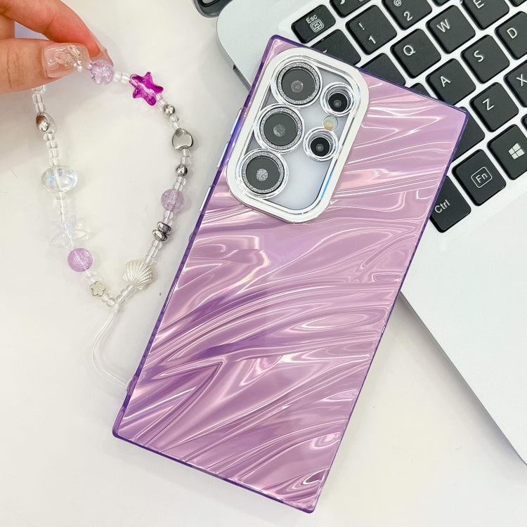 For Samsung Galaxy S25 5G Plating Glitter Texture Chain Wristband TPU Phone Case with Lens Film(Purple Water Ripples) by buy2fix