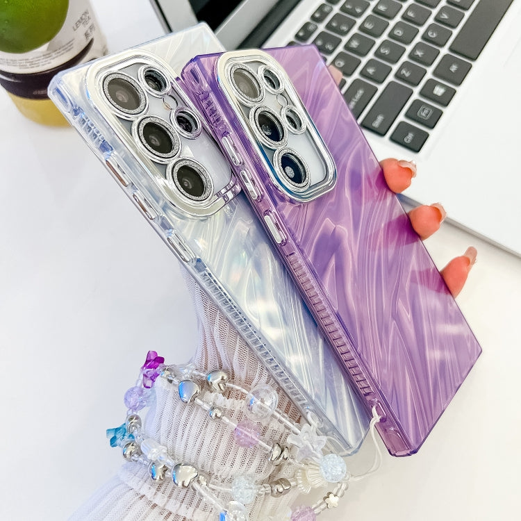 For Samsung Galaxy S25 5G Plating Glitter Texture Chain Wristband TPU Phone Case with Lens Film(Purple Water Ripples) by buy2fix