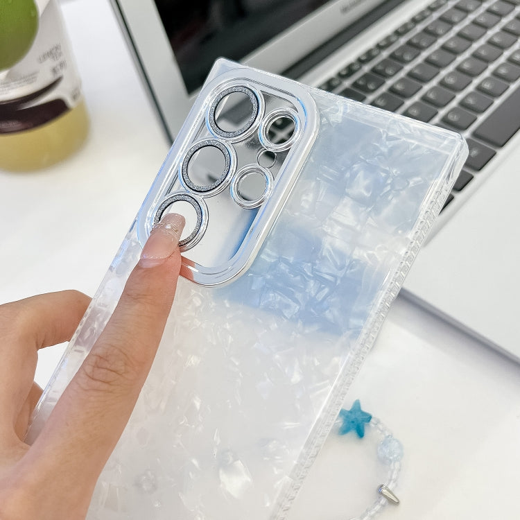 For Samsung Galaxy S25 5G Plating Glitter Texture Chain Wristband TPU Phone Case with Lens Film(Pink Feathers) by buy2fix