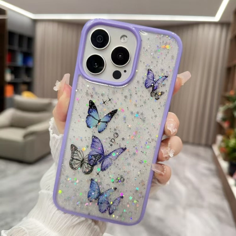 For iPhone 16 Pro Max Color Butterfly Glitter Epoxy TPU Phone Case(Purple) by buy2fix