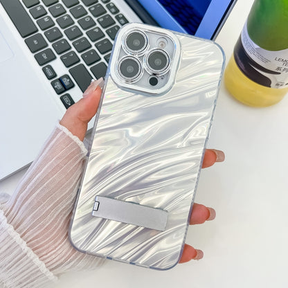 For iPhone 16 Pro Max Plating Glitter Texture Fold Holder TPU Phone Case with Lens Film(White Water Ripples) by buy2fix