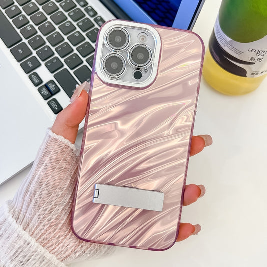 For iPhone 16 Pro Max Plating Glitter Texture Fold Holder TPU Phone Case with Lens Film(Pink Water Ripples) by buy2fix