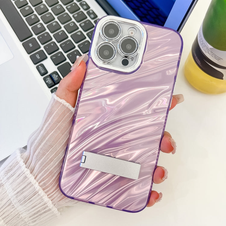 For iPhone 16 Pro Max Plating Glitter Texture Fold Holder TPU Phone Case with Lens Film(Purple Water Ripples) by buy2fix