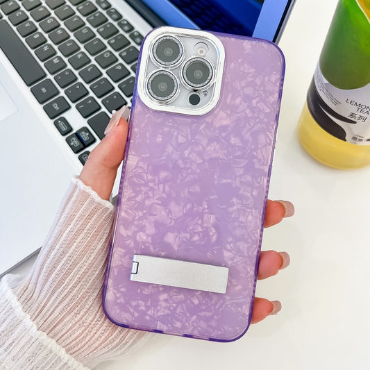 For iPhone 16 Pro Max Plating Glitter Texture Fold Holder TPU Phone Case with Lens Film(Purple Shell Pattern) by buy2fix