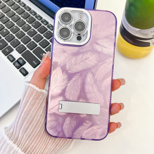 For iPhone 16 Pro Max Plating Glitter Texture Fold Holder TPU Phone Case with Lens Film(Purple Feathers) by buy2fix