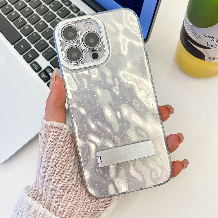 For iPhone 16 Pro Max Plating Glitter Texture Fold Holder TPU Phone Case with Lens Film(White Wrinkles) by buy2fix