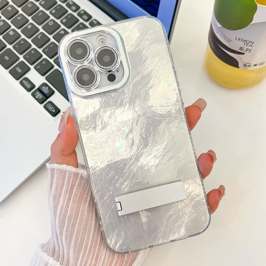 For iPhone 16 Pro Max Plating Glitter Texture Fold Holder TPU Phone Case with Lens Film(White Tinfoil Texture) by buy2fix