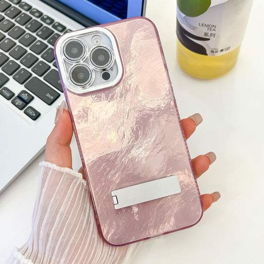 For iPhone 16 Pro Max Plating Glitter Texture Fold Holder TPU Phone Case with Lens Film(Pink Tinfoil Texture) by buy2fix