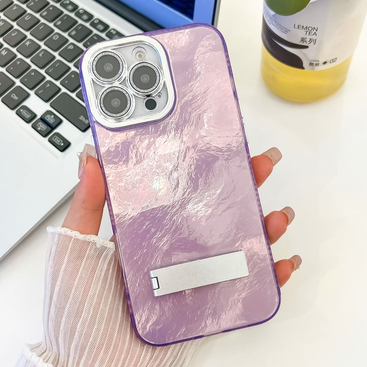 For iPhone 16 Pro Max Plating Glitter Texture Fold Holder TPU Phone Case with Lens Film(Purple Tinfoil Texture) by buy2fix