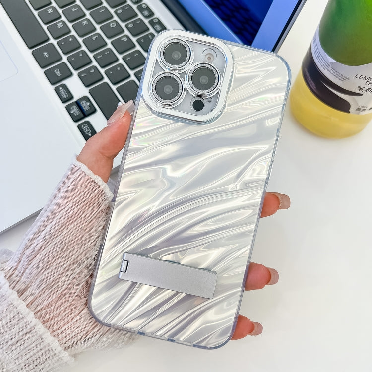 For iPhone 16 Pro Plating Glitter Texture Fold Holder TPU Phone Case with Lens Film(White Water Ripples) by buy2fix