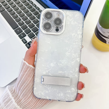 For iPhone 16 Pro Plating Glitter Texture Fold Holder TPU Phone Case with Lens Film(White Shell Pattern) by buy2fix