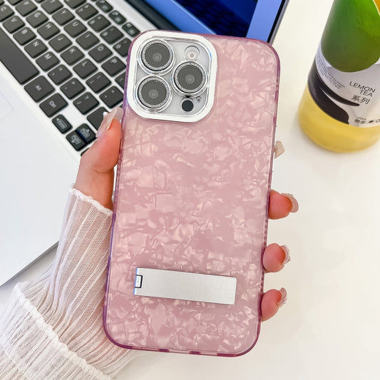 For iPhone 16 Pro Plating Glitter Texture Fold Holder TPU Phone Case with Lens Film(Pink Shell Pattern) by buy2fix