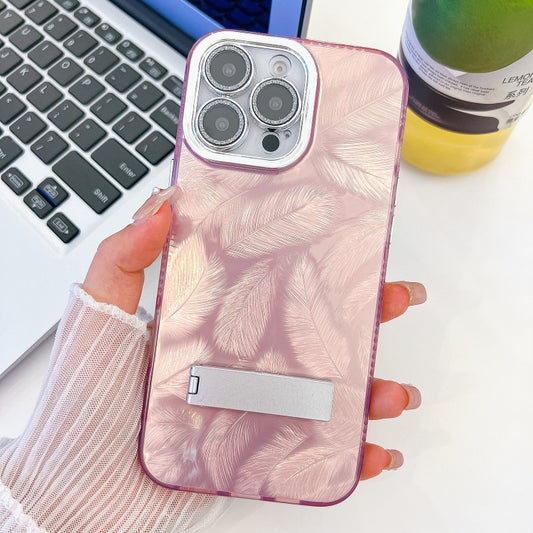 For iPhone 16 Pro Plating Glitter Texture Fold Holder TPU Phone Case with Lens Film(Pink Feathers) by buy2fix