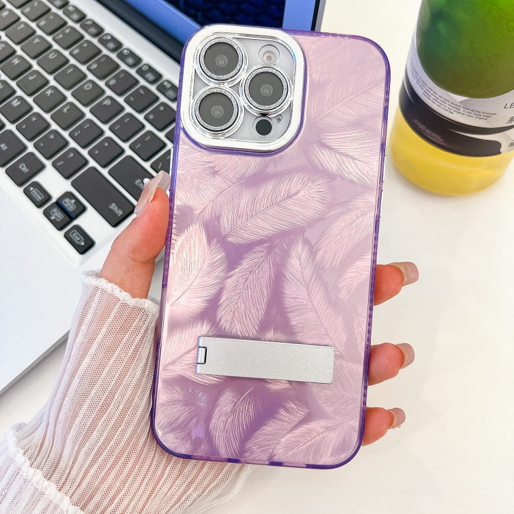 For iPhone 16 Pro Plating Glitter Texture Fold Holder TPU Phone Case with Lens Film(Purple Feathers) by buy2fix