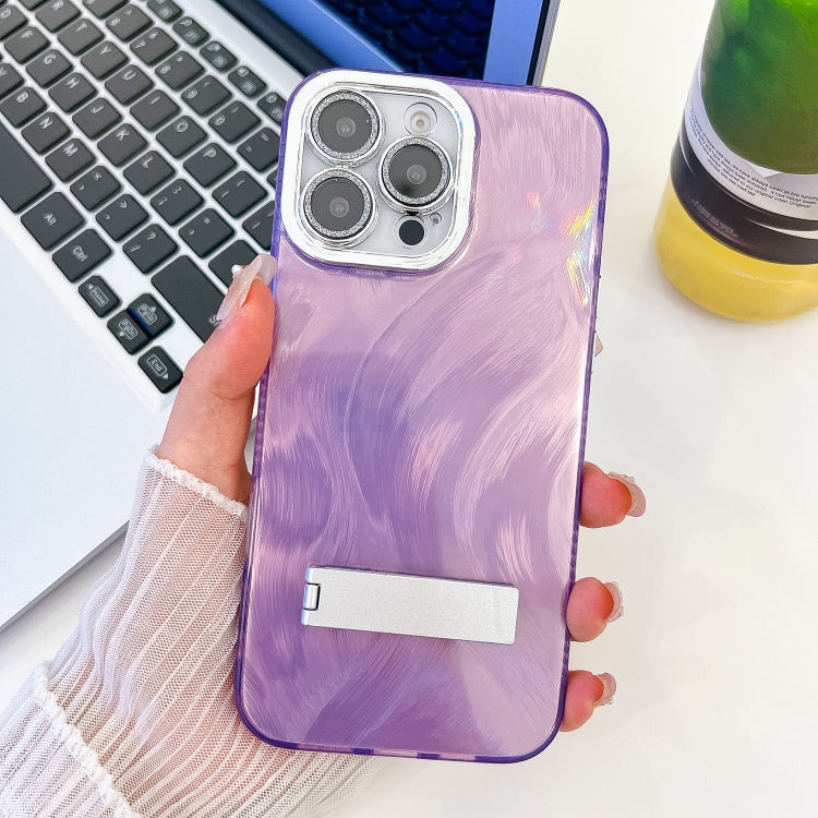 For iPhone 16 Pro Plating Glitter Texture Fold Holder TPU Phone Case with Lens Film(Purple Feather Yarn) by buy2fix
