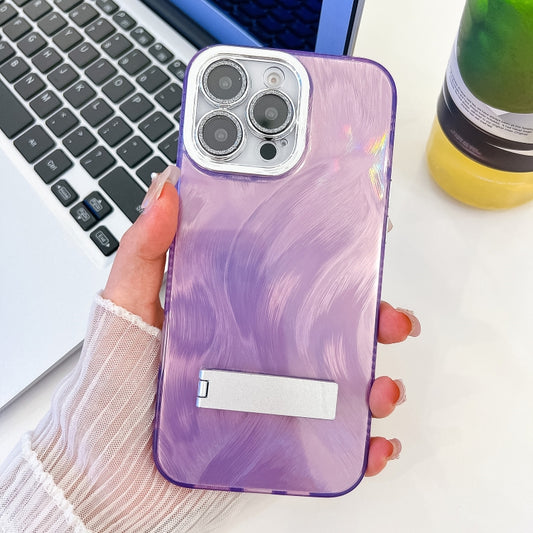 For iPhone 16 Pro Plating Glitter Texture Fold Holder TPU Phone Case with Lens Film(Purple Feather Yarn) by buy2fix
