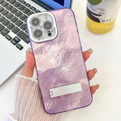 For iPhone 16 Pro Plating Glitter Texture Fold Holder TPU Phone Case with Lens Film(Purple Tinfoil Texture) by buy2fix