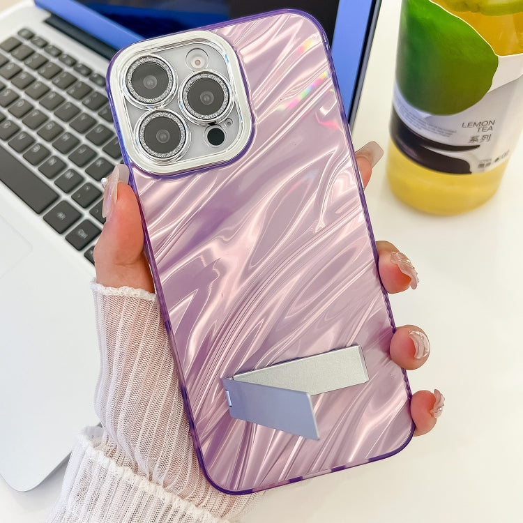 For iPhone 16 Pro Max Plating Glitter Texture Fold Holder TPU Phone Case with Lens Film(White Wrinkles) by buy2fix