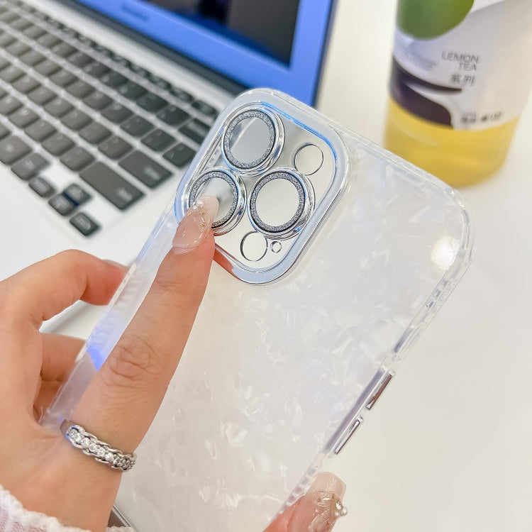 For iPhone 16 Pro Max Plating Glitter Texture Fold Holder TPU Phone Case with Lens Film(Purple Shell Pattern) by buy2fix