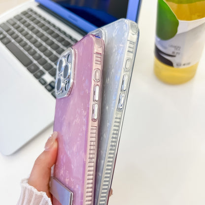 For iPhone 16 Pro Max Plating Glitter Texture Fold Holder TPU Phone Case with Lens Film(White Feathers) by buy2fix