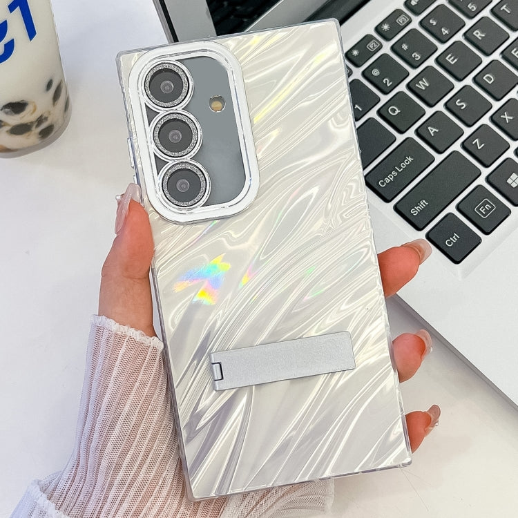 For Samsung Galaxy S25 5G Plating Glitter Texture Fold Holder TPU Phone Case with Lens Film(White Water Ripples) by buy2fix