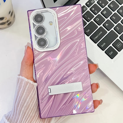 For Samsung Galaxy S25 5G Plating Glitter Texture Fold Holder TPU Phone Case with Lens Film(Purple Water Ripples) by buy2fix
