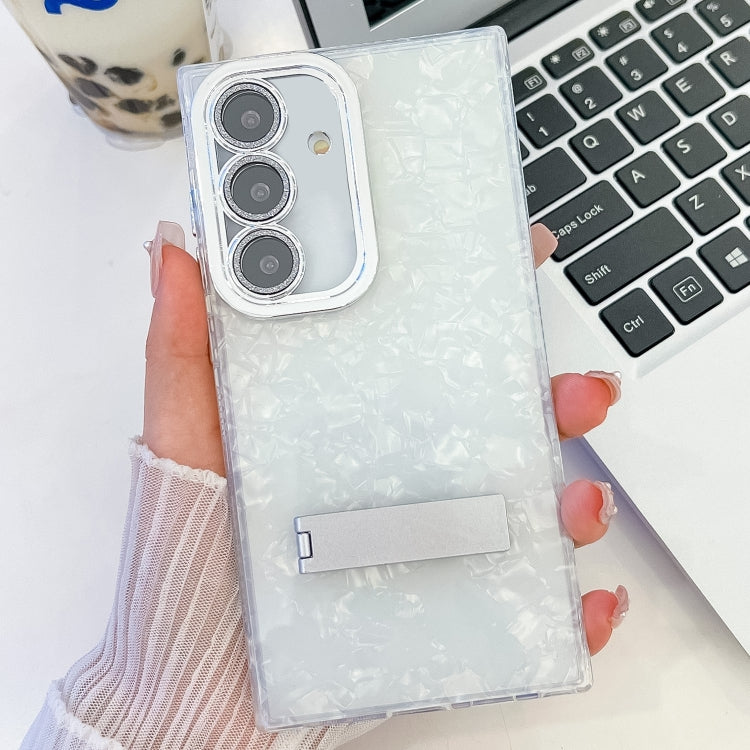 For Samsung Galaxy S25 5G Plating Glitter Texture Fold Holder TPU Phone Case with Lens Film(White Shell Pattern) by buy2fix