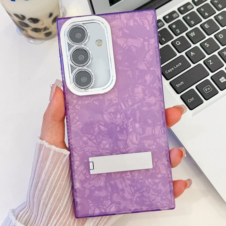 For Samsung Galaxy S25 5G Plating Glitter Texture Fold Holder TPU Phone Case with Lens Film(Purple Shell Pattern) by buy2fix