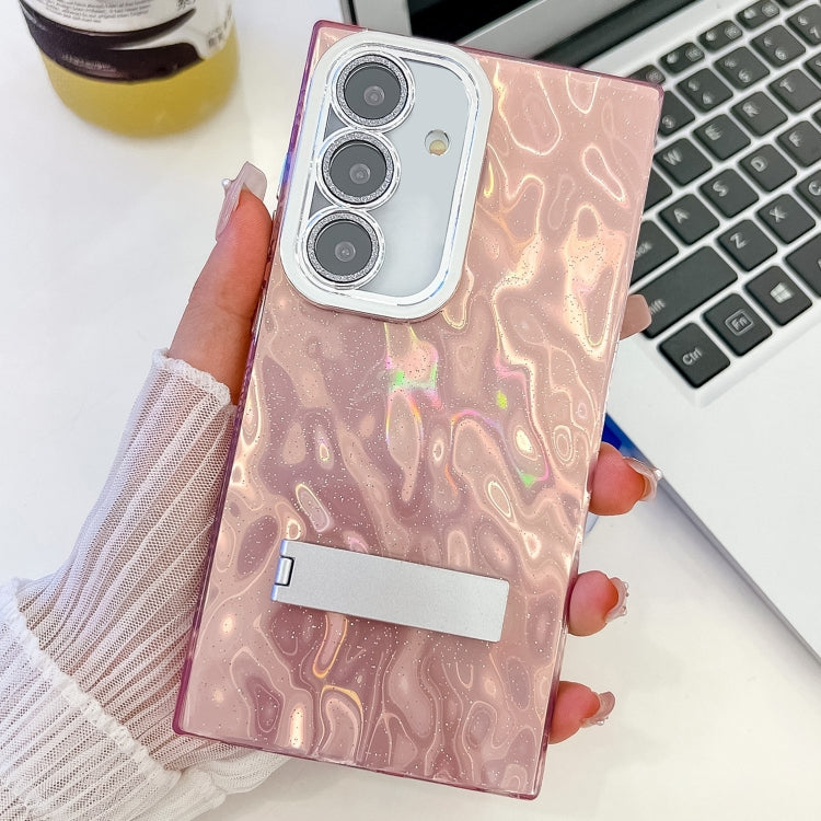 For Samsung Galaxy S25 5G Plating Glitter Texture Fold Holder TPU Phone Case with Lens Film(Pink Wrinkles) by buy2fix