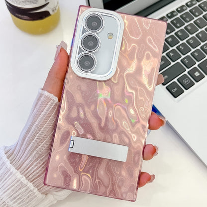 For Samsung Galaxy S25 5G Plating Glitter Texture Fold Holder TPU Phone Case with Lens Film(Pink Wrinkles) by buy2fix