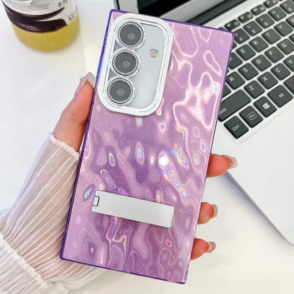 For Samsung Galaxy S25 5G Plating Glitter Texture Fold Holder TPU Phone Case with Lens Film(Purple Wrinkles) by buy2fix