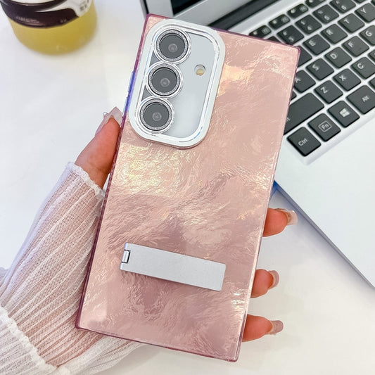 For Samsung Galaxy S25 5G Plating Glitter Texture Fold Holder TPU Phone Case with Lens Film(Pink Tinfoil Texture) by buy2fix