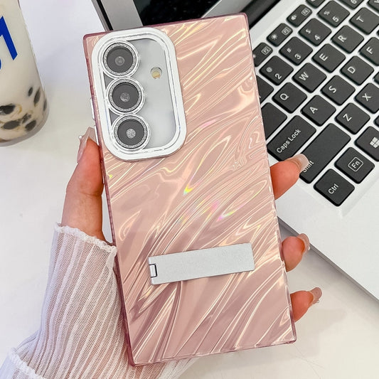 For Samsung Galaxy S25+ 5G Plating Glitter Texture Fold Holder TPU Phone Case with Lens Film(Pink Water Ripples) - Galaxy S25+ 5G Cases by buy2fix | Online Shopping UK | buy2fix