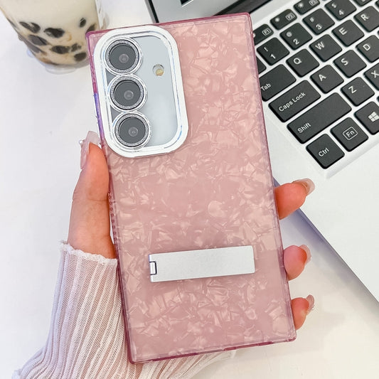 For Samsung Galaxy S25+ 5G Plating Glitter Texture Fold Holder TPU Phone Case with Lens Film(Pink Shell Pattern) - Galaxy S25+ 5G Cases by buy2fix | Online Shopping UK | buy2fix