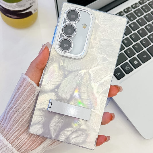 For Samsung Galaxy S25+ 5G Plating Glitter Texture Fold Holder TPU Phone Case with Lens Film(White Feathers) - Galaxy S25+ 5G Cases by buy2fix | Online Shopping UK | buy2fix
