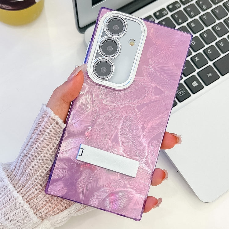 For Samsung Galaxy S25+ 5G Plating Glitter Texture Fold Holder TPU Phone Case with Lens Film(Purple Feathers) by buy2fix