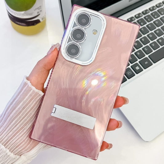 For Samsung Galaxy S25+ 5G Plating Glitter Texture Fold Holder TPU Phone Case with Lens Film(Pink Feather Yarn) - Galaxy S25+ 5G Cases by buy2fix | Online Shopping UK | buy2fix
