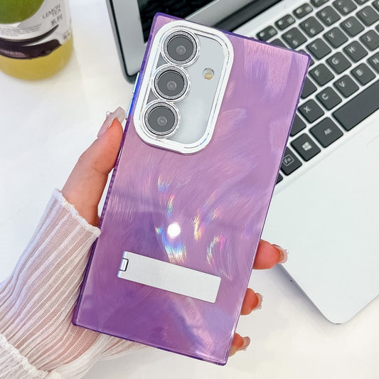 For Samsung Galaxy S25+ 5G Plating Glitter Texture Fold Holder TPU Phone Case with Lens Film(Purple Feather Yarn) - Galaxy S25+ 5G Cases by buy2fix | Online Shopping UK | buy2fix