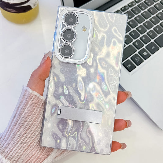 For Samsung Galaxy S25+ 5G Plating Glitter Texture Fold Holder TPU Phone Case with Lens Film(White Wrinkles) - Galaxy S25+ 5G Cases by buy2fix | Online Shopping UK | buy2fix