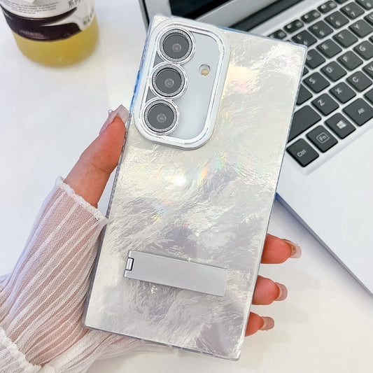 For Samsung Galaxy S25+ 5G Plating Glitter Texture Fold Holder TPU Phone Case with Lens Film(White Tinfoil Texture) - Galaxy S25+ 5G Cases by buy2fix | Online Shopping UK | buy2fix