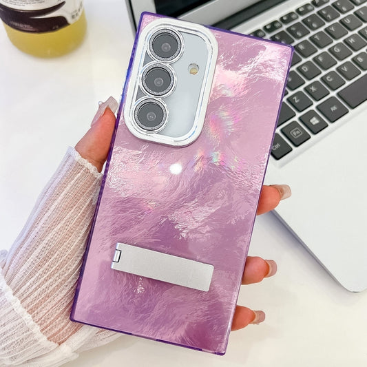 For Samsung Galaxy S25+ 5G Plating Glitter Texture Fold Holder TPU Phone Case with Lens Film(Purple Tinfoil Texture) - Galaxy S25+ 5G Cases by buy2fix | Online Shopping UK | buy2fix