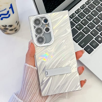 For Samsung Galaxy S25 Ultra 5G Plating Glitter Texture Fold Holder TPU Phone Case with Lens Film(White Water Ripples) by buy2fix