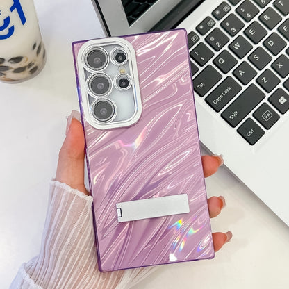 For Samsung Galaxy S25 Ultra 5G Plating Glitter Texture Fold Holder TPU Phone Case with Lens Film(Purple Water Ripples) by buy2fix