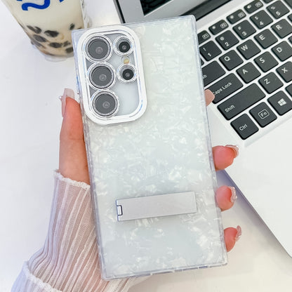 For Samsung Galaxy S25 Ultra 5G Plating Glitter Texture Fold Holder TPU Phone Case with Lens Film(White Shell Pattern) by buy2fix